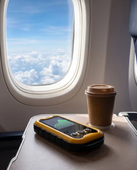 The yellow Geiger counter on an airplane tray table next to a coffee cup, a window showing clouds