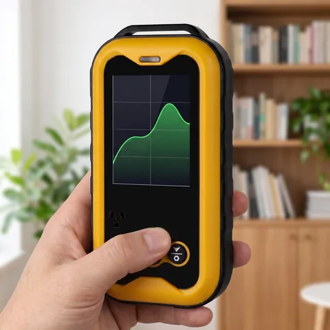 A hand holding the yellow Geiger counter upright in a bright living room, screen showing a green trend line