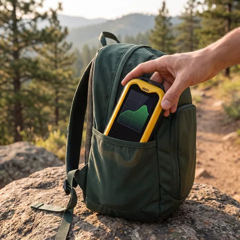 A hand slipping the yellow Geiger counter into the side pocket of a green hiking backpack on a mountain trail