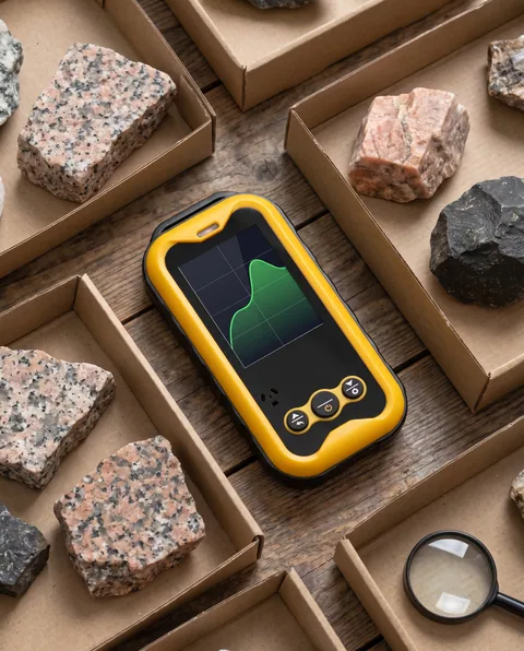 The yellow Geiger counter among granite and dark mineral samples in cardboard trays on a wooden table, with a magnifying glass