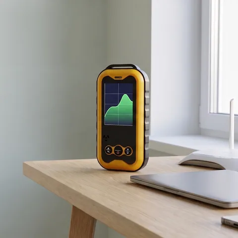 The yellow Geiger counter standing on a light wooden desk by a window, next to a Wi-Fi router and a closed laptop