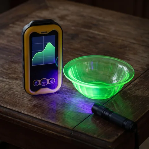 A vintage uranium glass bowl glowing green under a small UV flashlight next to the yellow Geiger counter on a dark wooden table