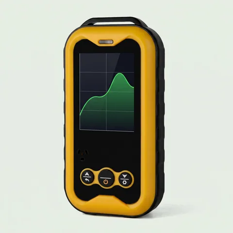 The yellow pocket Geiger counter standing upright on a light grey-green background, screen showing a green trend line