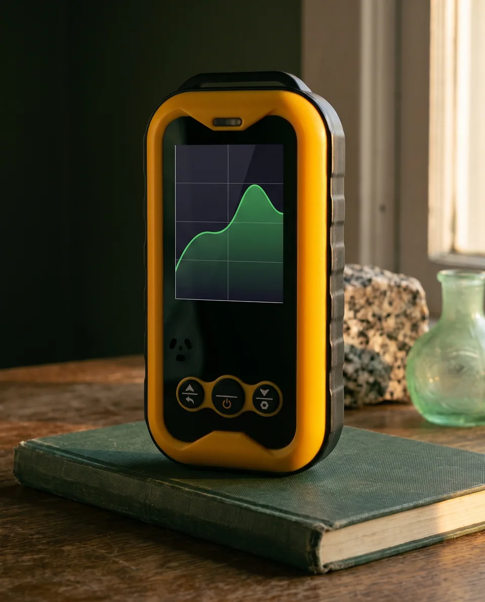 The yellow Geiger counter standing on a dark green field notebook on an oak table by a window at dusk, with granite and a pale green glass vase blurred behind