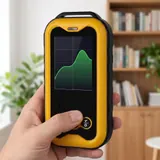 The Geiger counter held in one hand in a bright living room