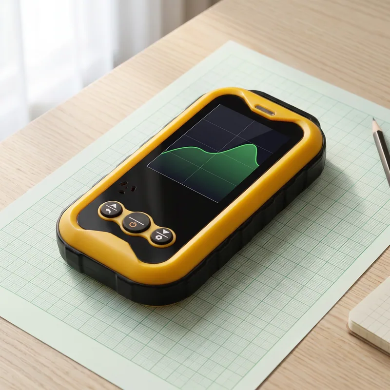 The Geiger counter lying on green graph paper, its screen showing a green trend line