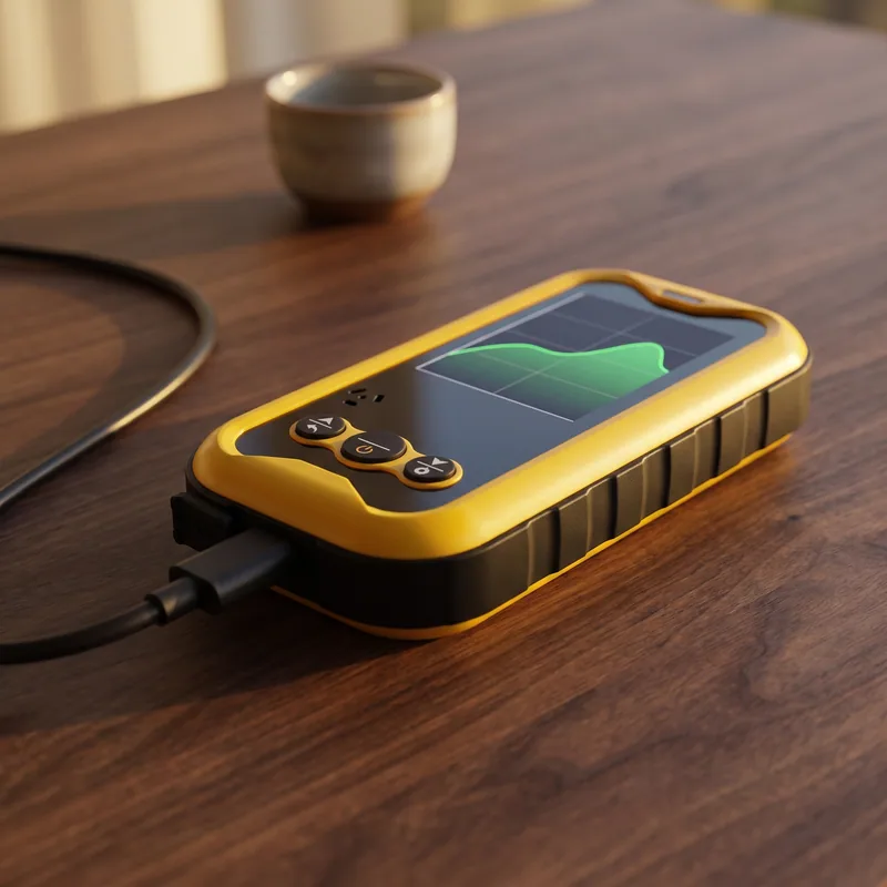 The Geiger counter lying on a walnut desk with a USB-C cable plugged in