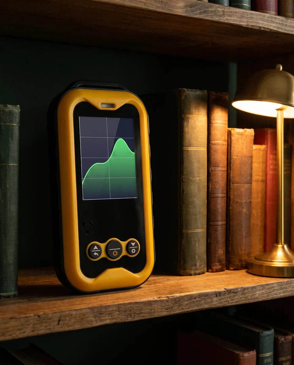 The yellow Geiger counter on a bookshelf under a warm brass lamp in the evening