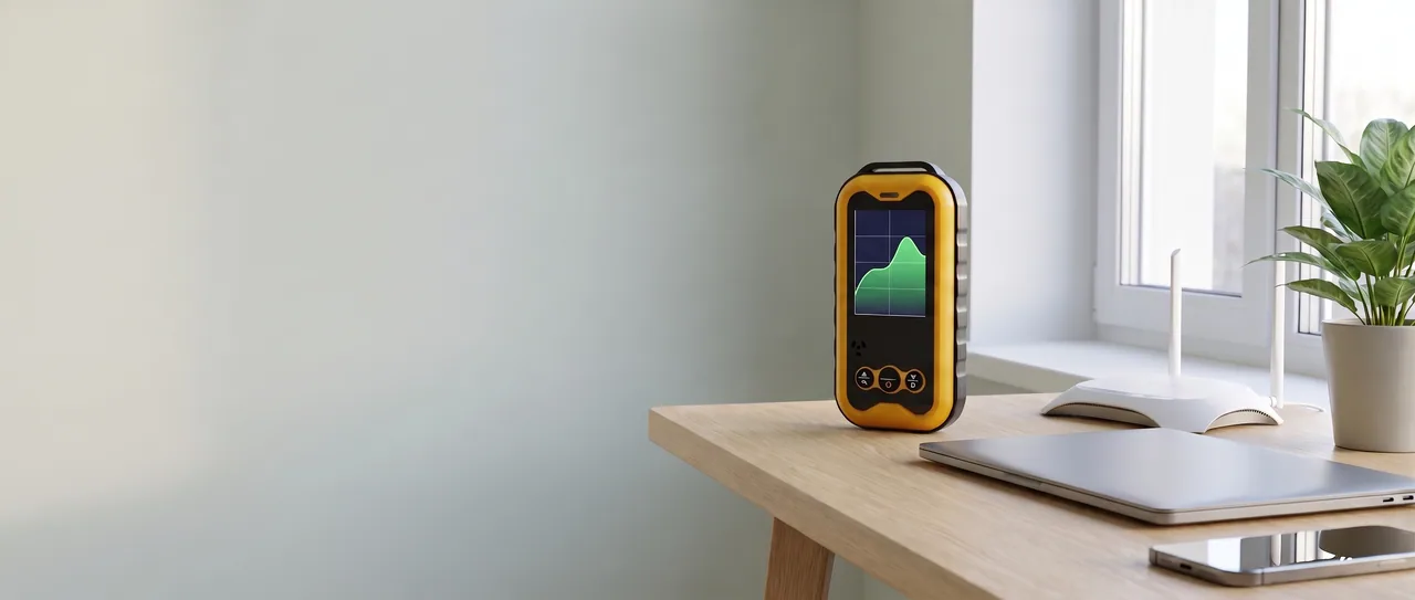 A desk by a window with a laptop, a Wi-Fi router, a phone face down and a plant, the yellow Geiger counter on the right