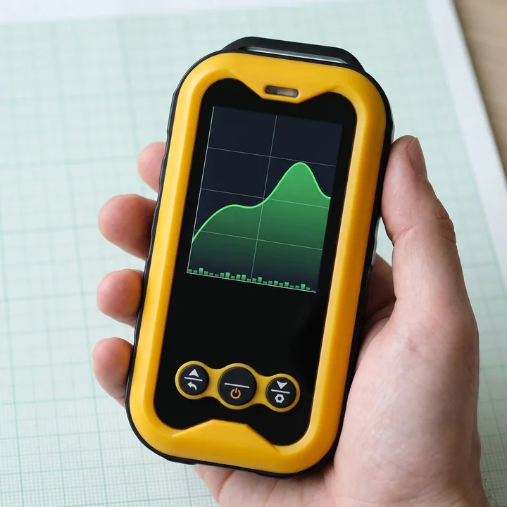Close-up of the Geiger counter's lit color screen above green graph paper