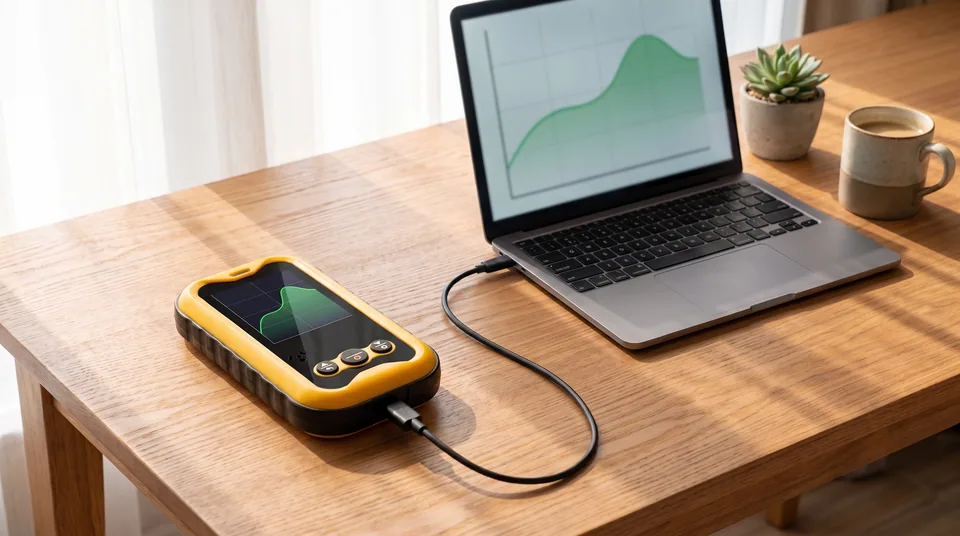 A desk with the yellow Geiger counter charging over USB-C next to an open laptop