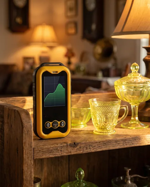A shelf of yellow-green uranium glass with the yellow Geiger counter in front